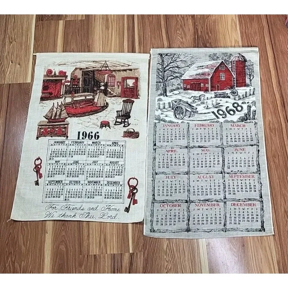 1966 1968 Linen Tea Towels Wall Hangings Lot Of‎ 2 Farm Country Barn Red Cottage